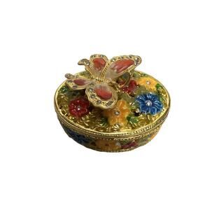 Beautiful Ornate Colorful Flower And Butterfly Trinket Box .6.3/ 4.7/ 3.5 cm